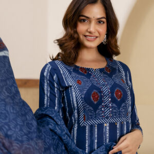 Women's Cotton Ajrakh Embroidered Kurta Pant Dupatta Set