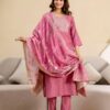 Women's Roman Silk Embroidery Sequence Work Kurta Pant with Floral Print Dupatta Set