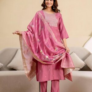 Women's Roman Silk Embroidery Sequence Work Kurta Pant with Floral Print Dupatta Set