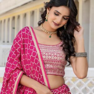 Women's Art Silk Embroidered Lehenga Choli Dupatta Set