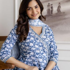 Women's Cotton Floral Angrakha Kurta Pant Dupatta Set