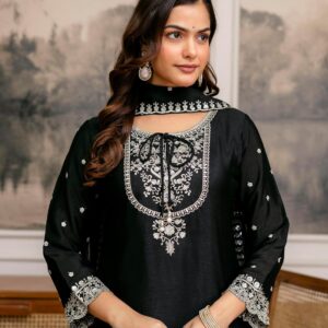 Women's Chinon Embroidered Kurta Palazzo Dupatta Set