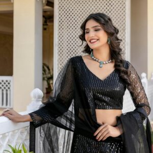 Women's Net Embroidered Lehenga Choli Dupatta Set