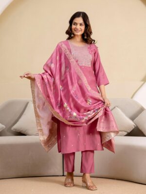 Women's Roman Silk Embroidery Sequence Work Kurta Pant with Floral Print Dupatta Set
